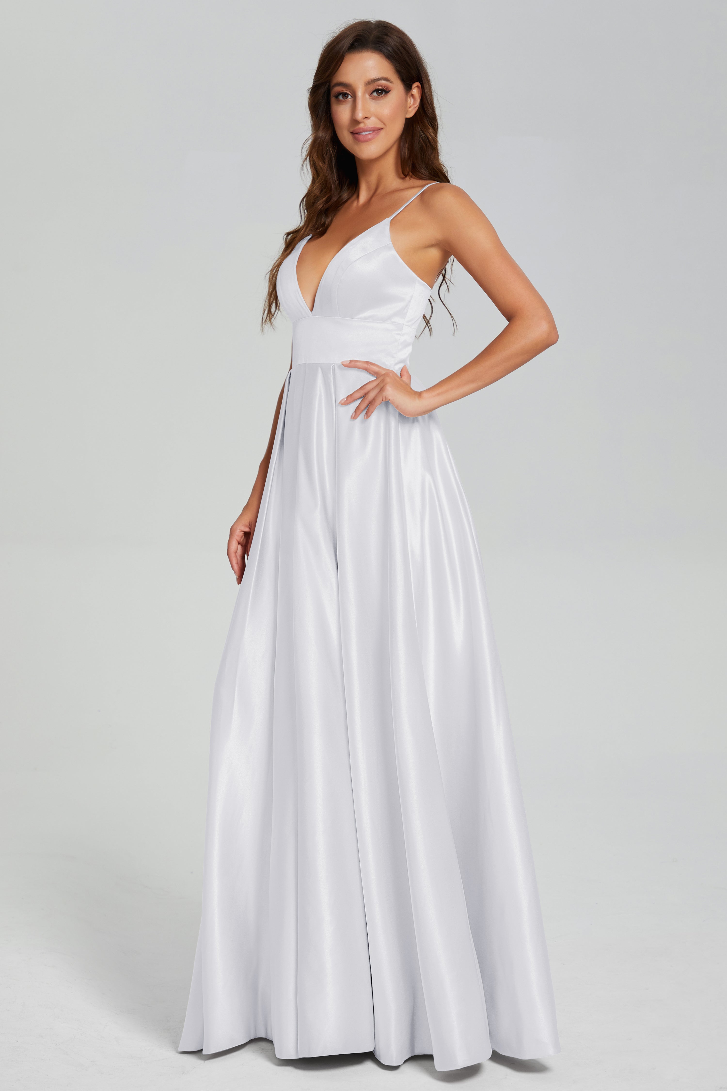 V-neck Spaghetti Straps Satin Prom Dresses