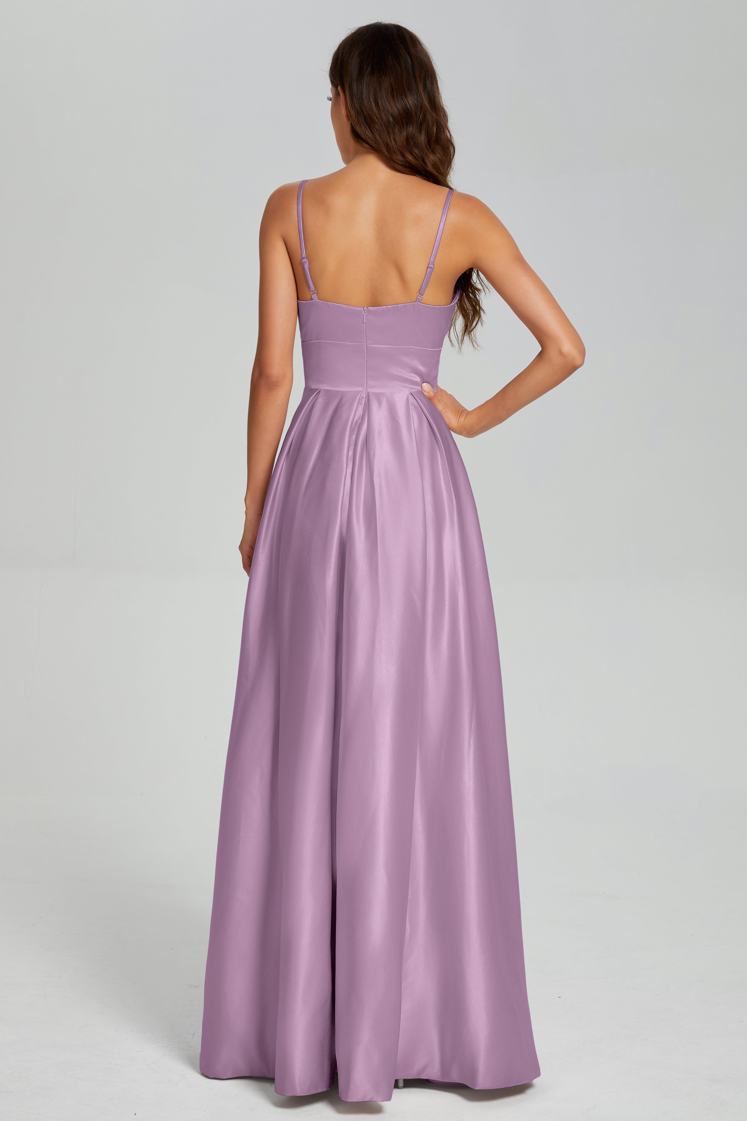 V-neck Spaghetti Straps Satin Prom Dresses