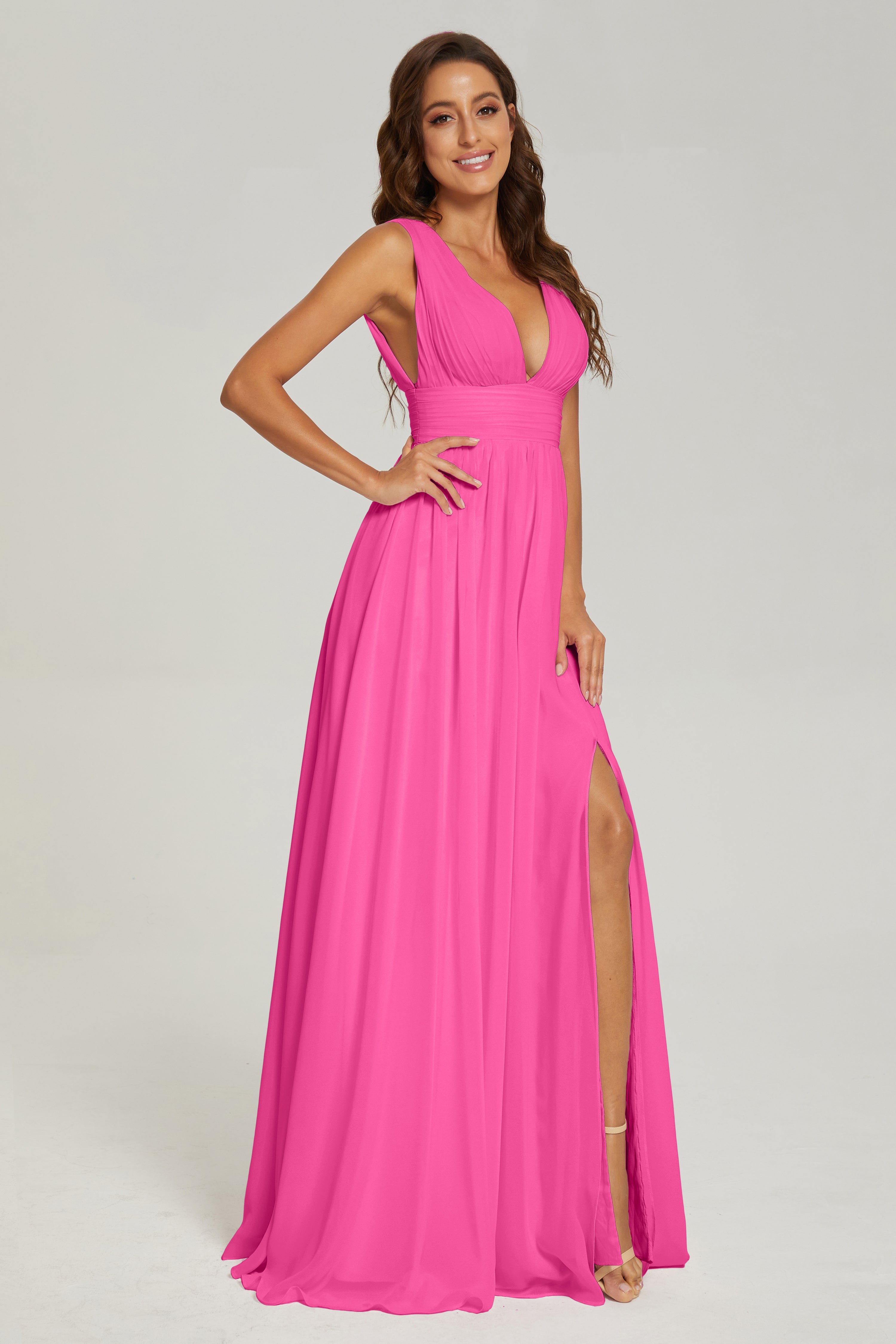 V-neck Split Chiffon Prom Dresses