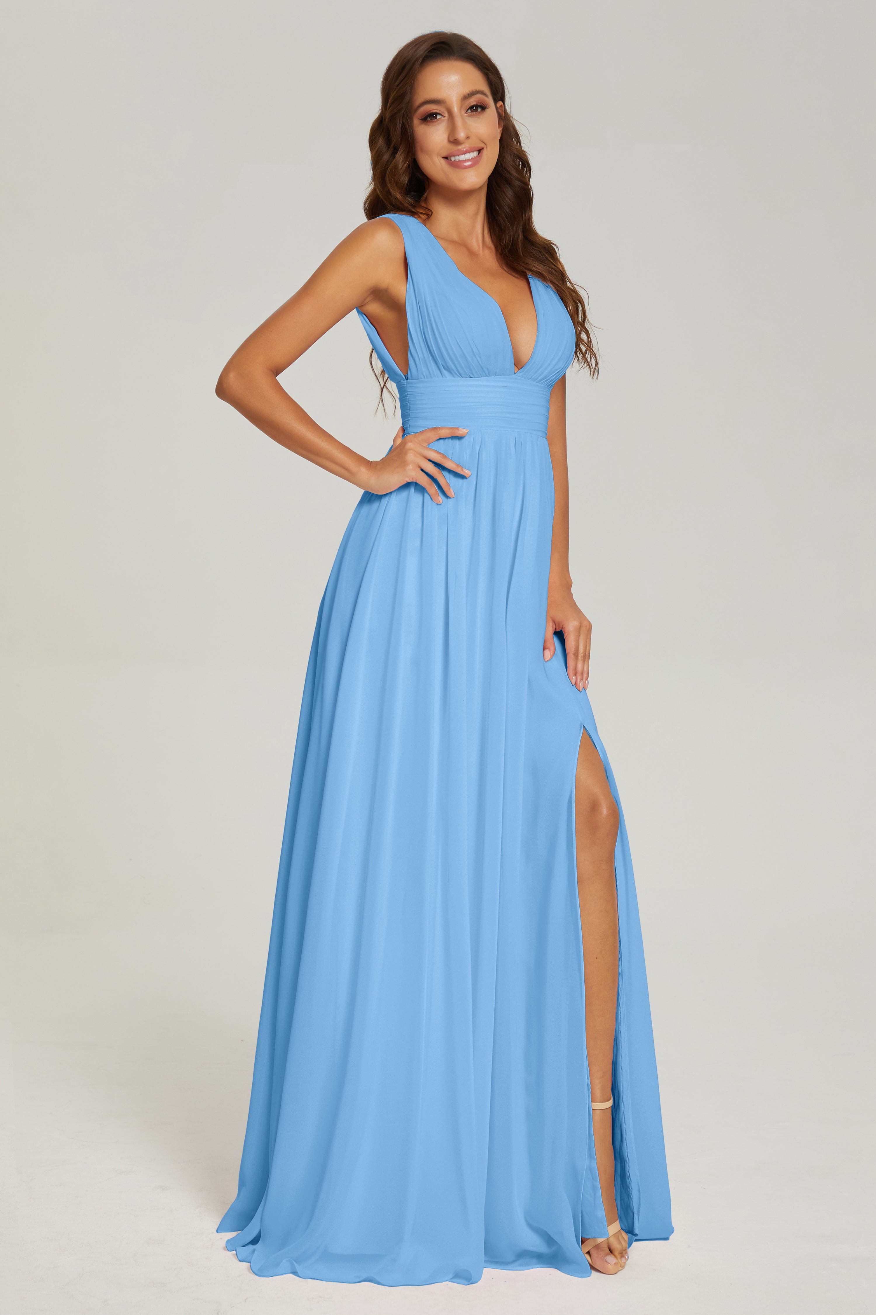 V-neck Split Chiffon Prom Dresses