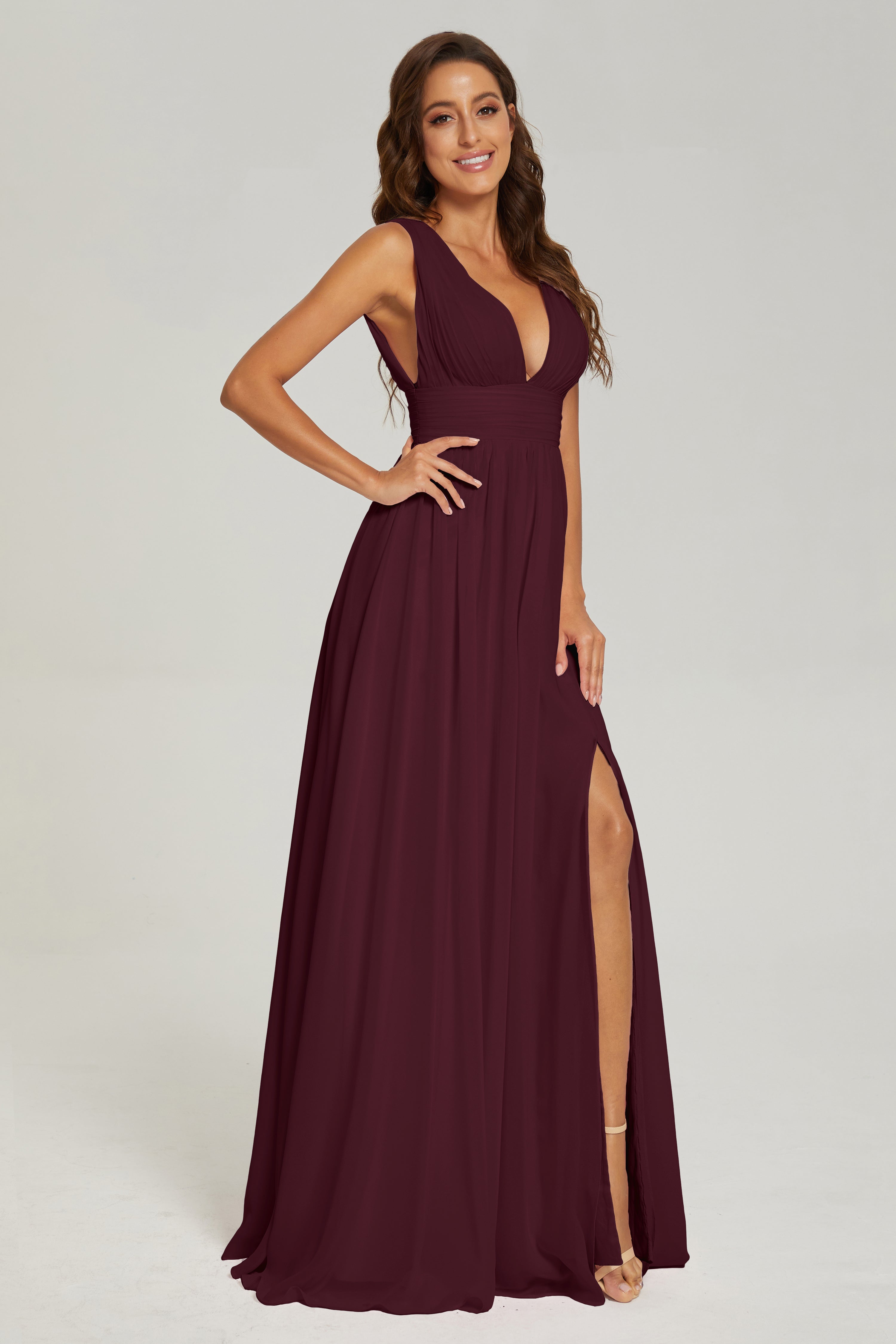 V-neck Split Chiffon Prom Dresses