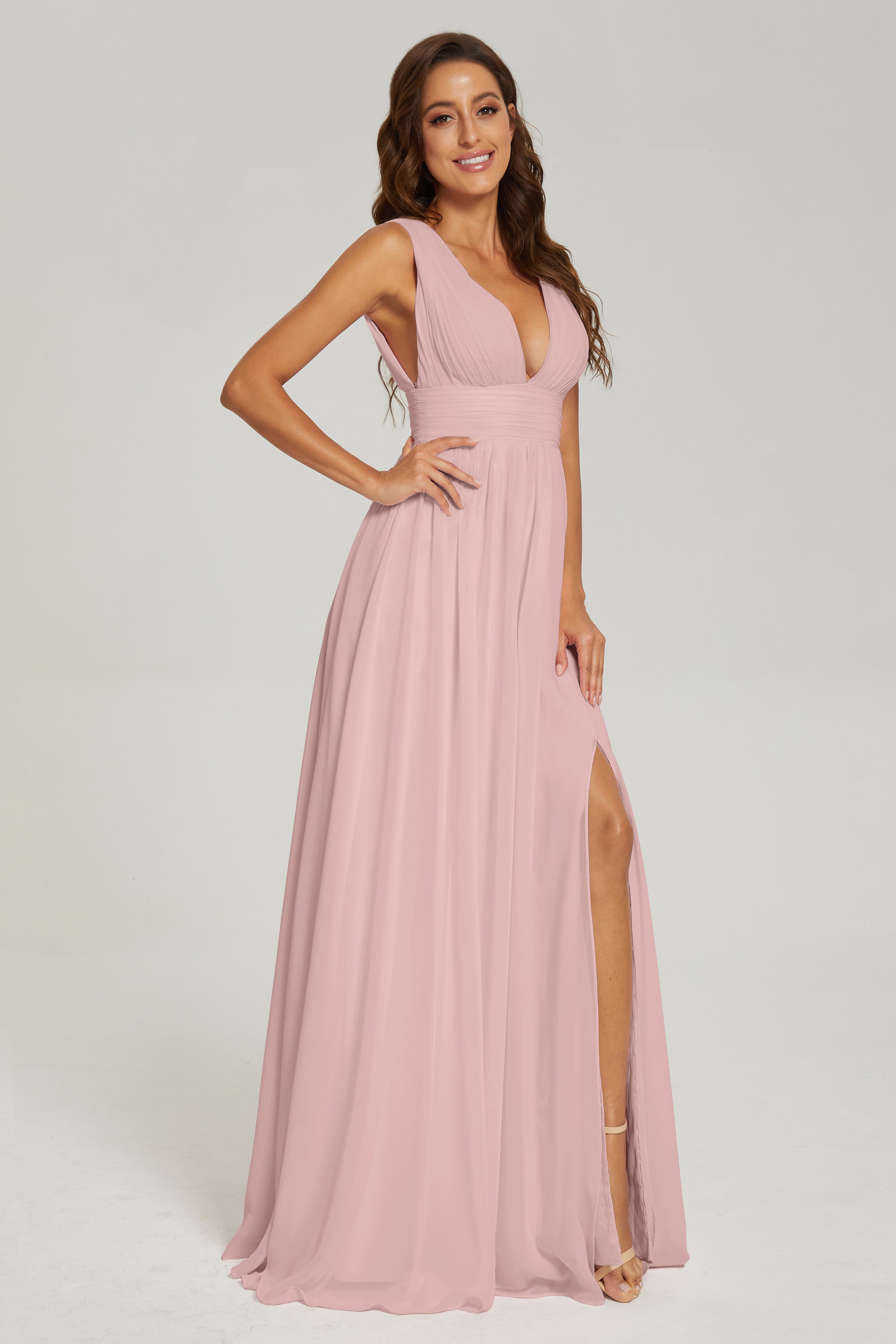 V-neck Split Chiffon Prom Dresses