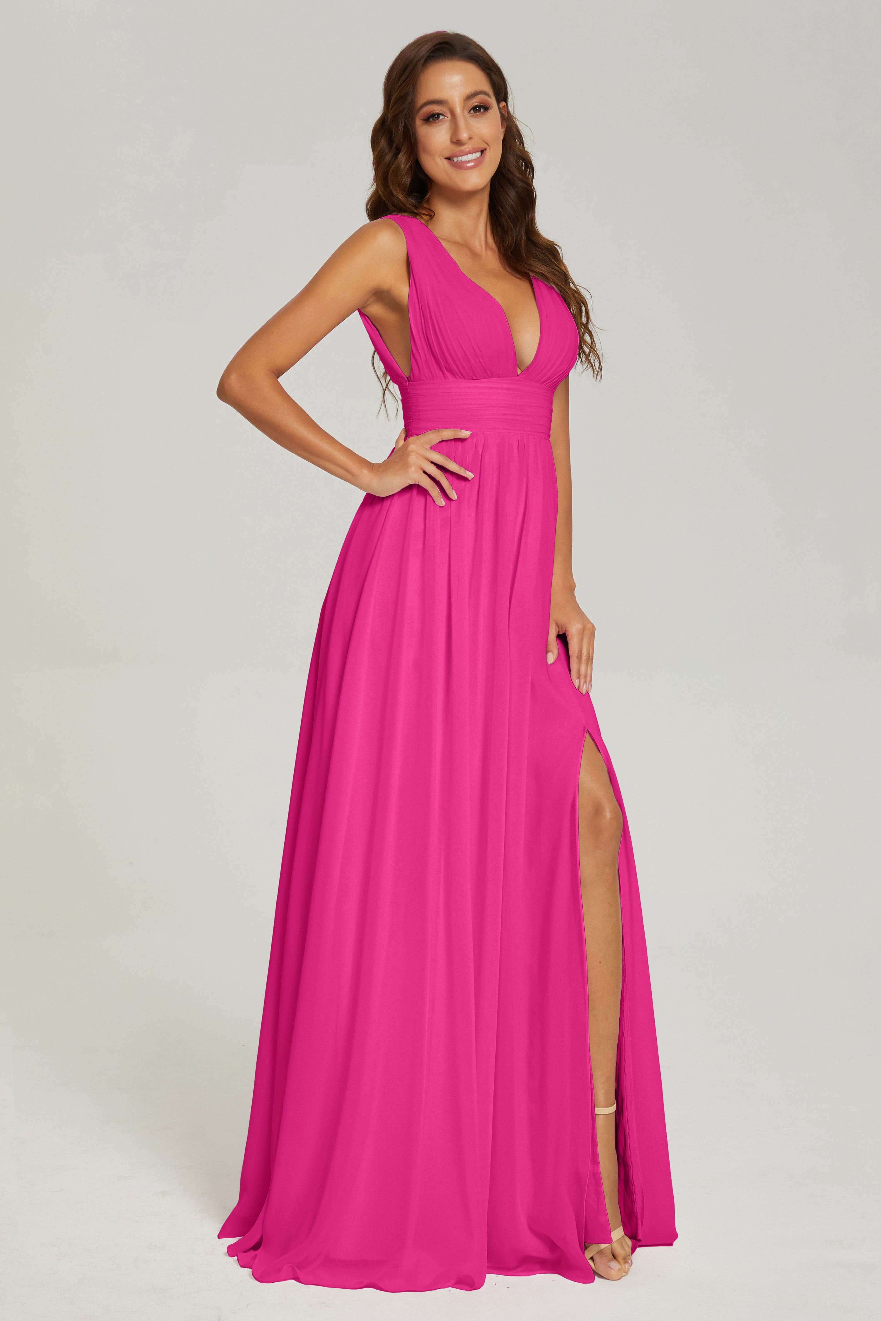 V-neck Split Chiffon Prom Dresses