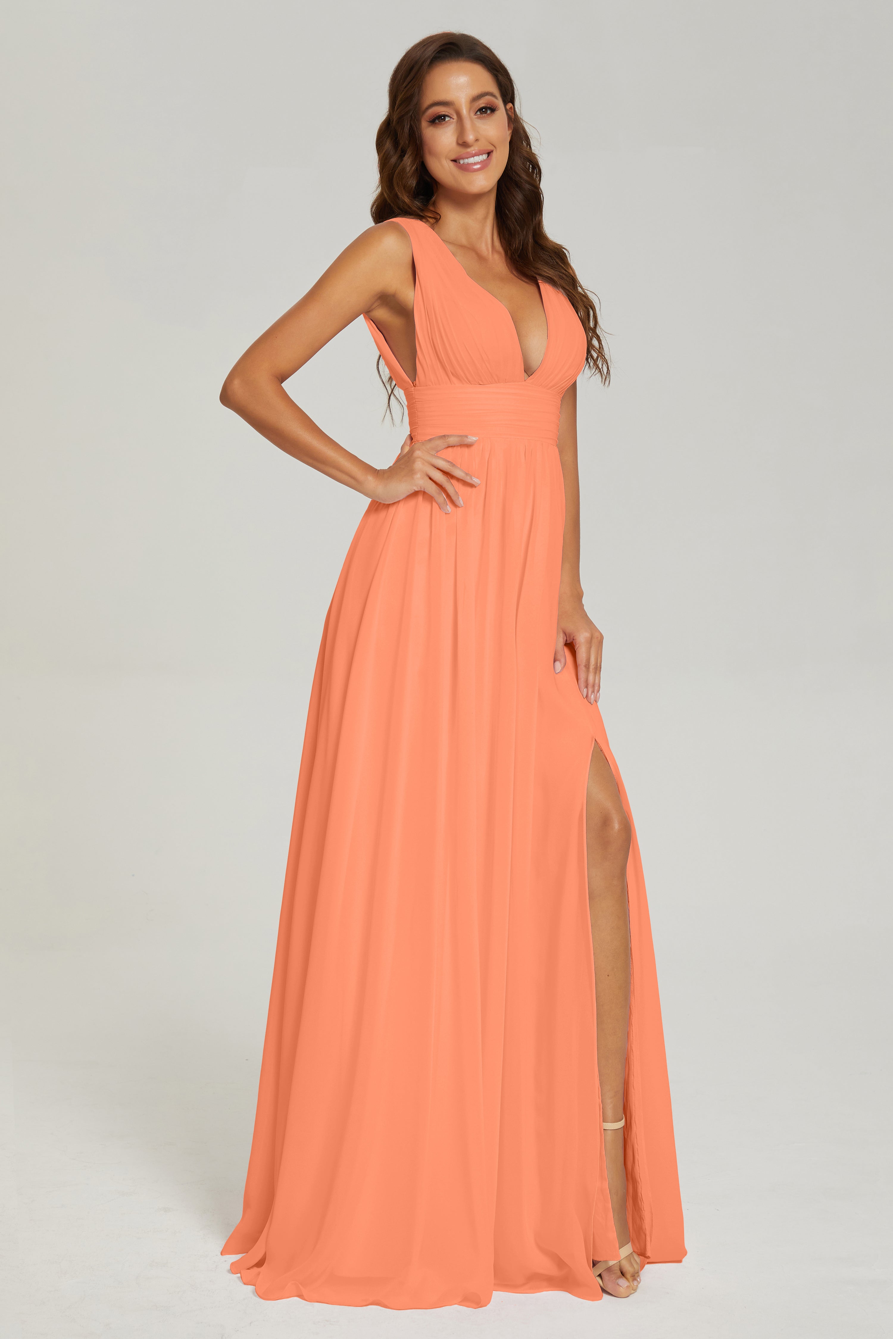 V-neck Split Chiffon Prom Dresses