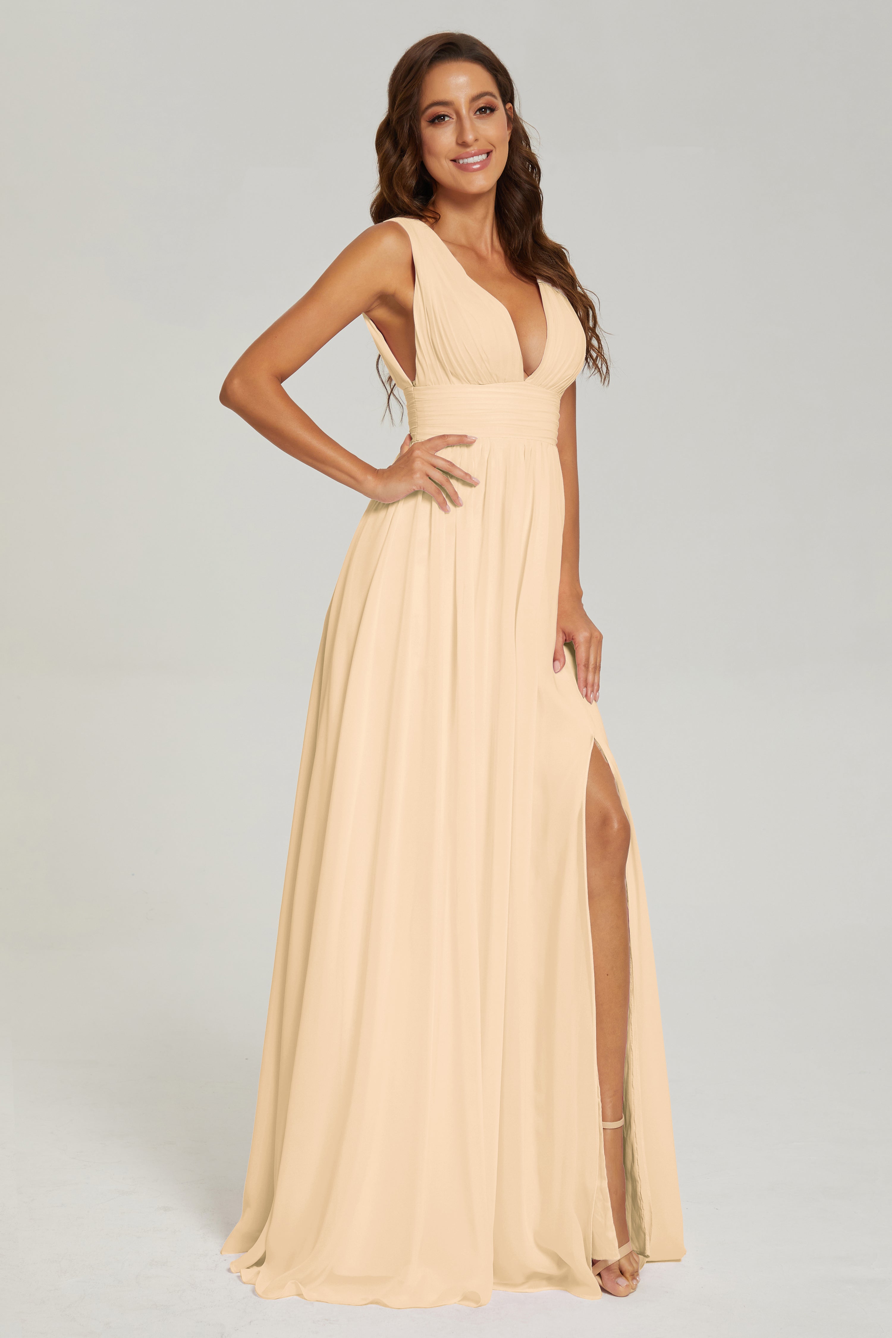 V-neck Split Chiffon Prom Dresses