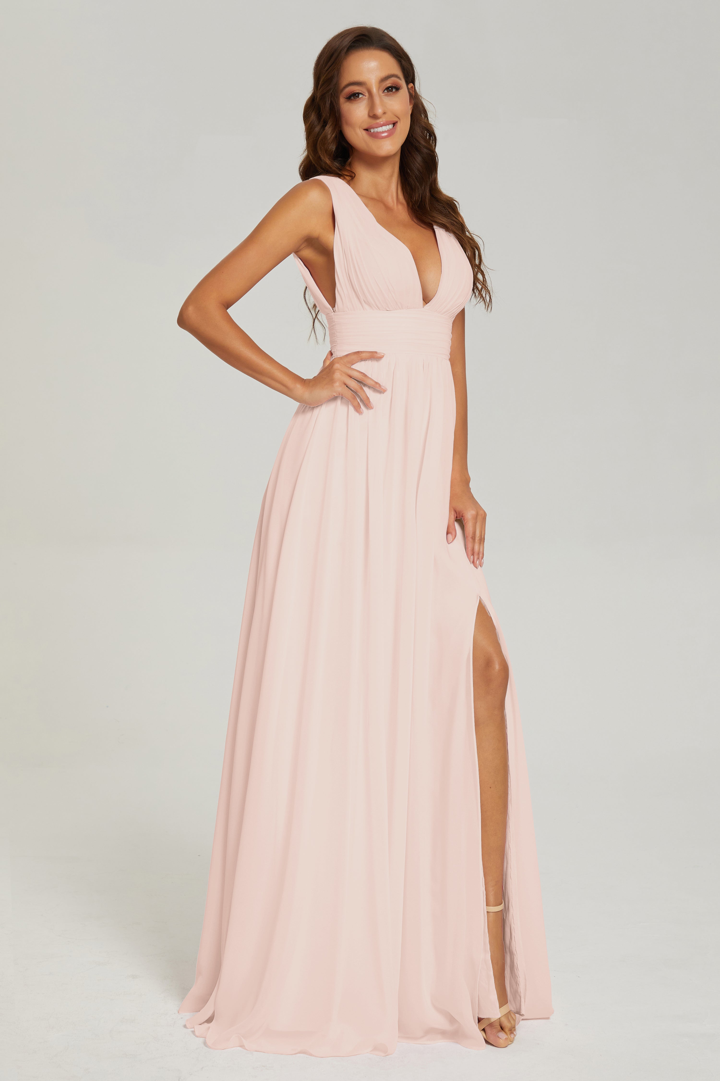 V-neck Split Chiffon Prom Dresses