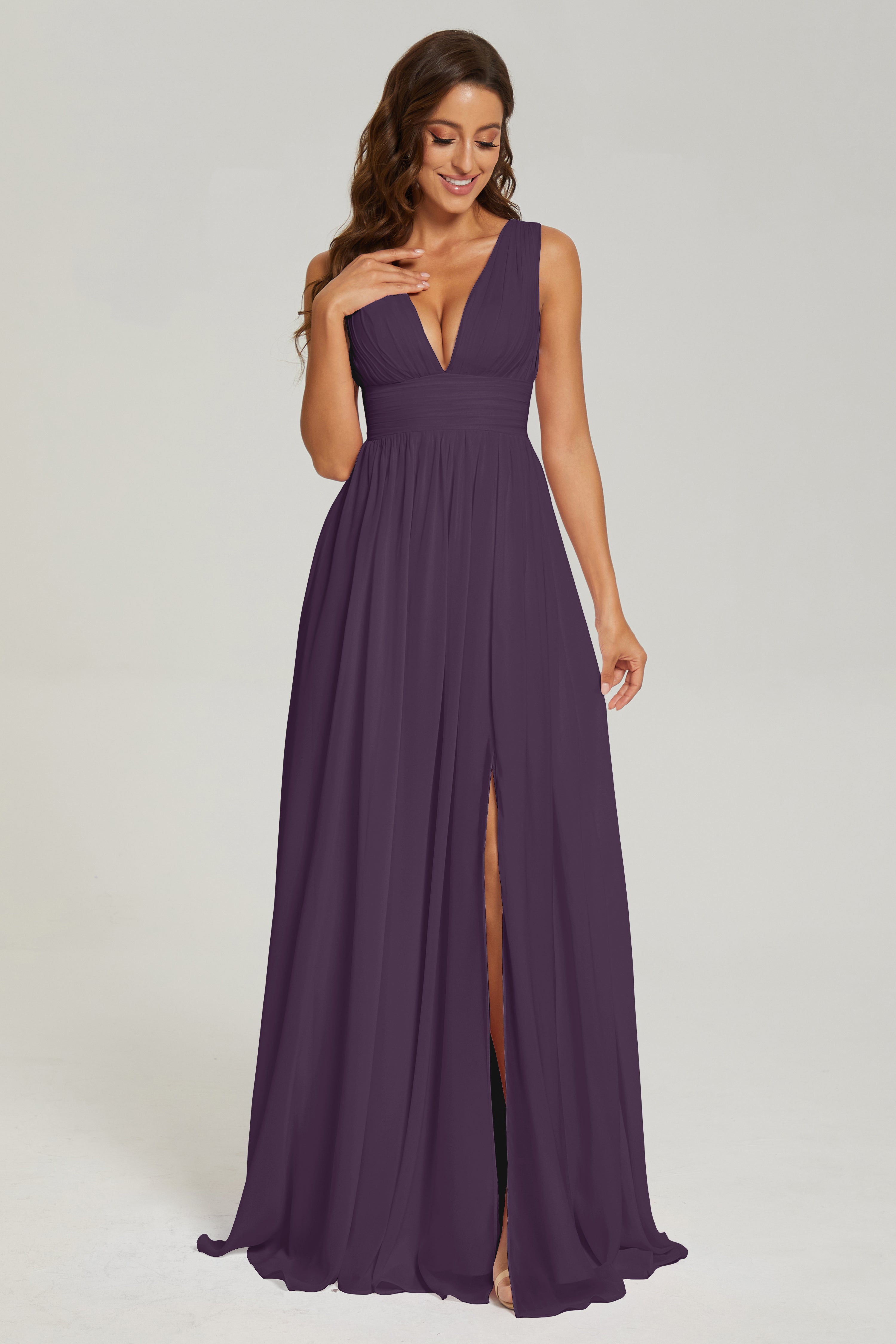 V neck Split Chiffon Prom Dresses