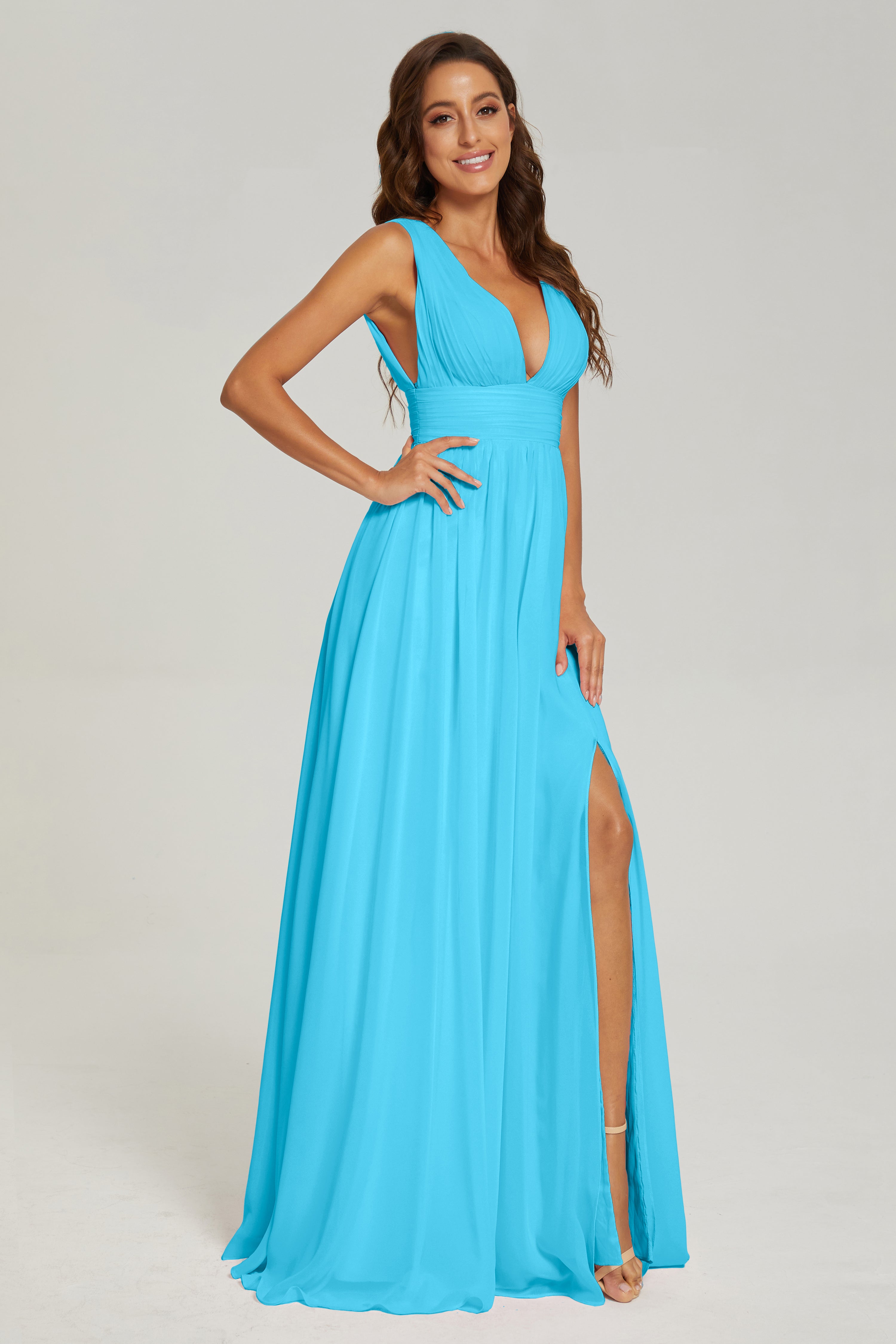 V-neck Split Chiffon Prom Dresses