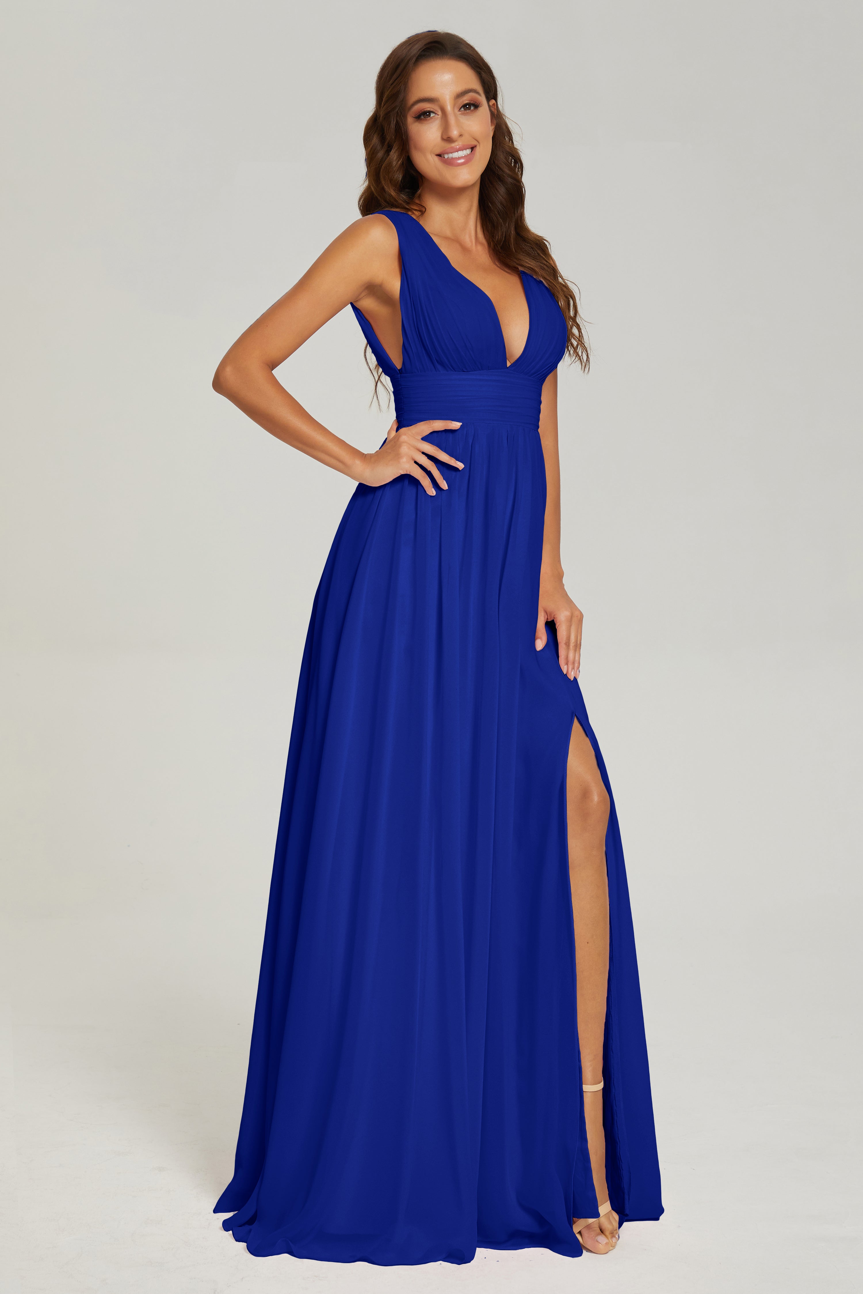 V-neck Split Chiffon Prom Dresses