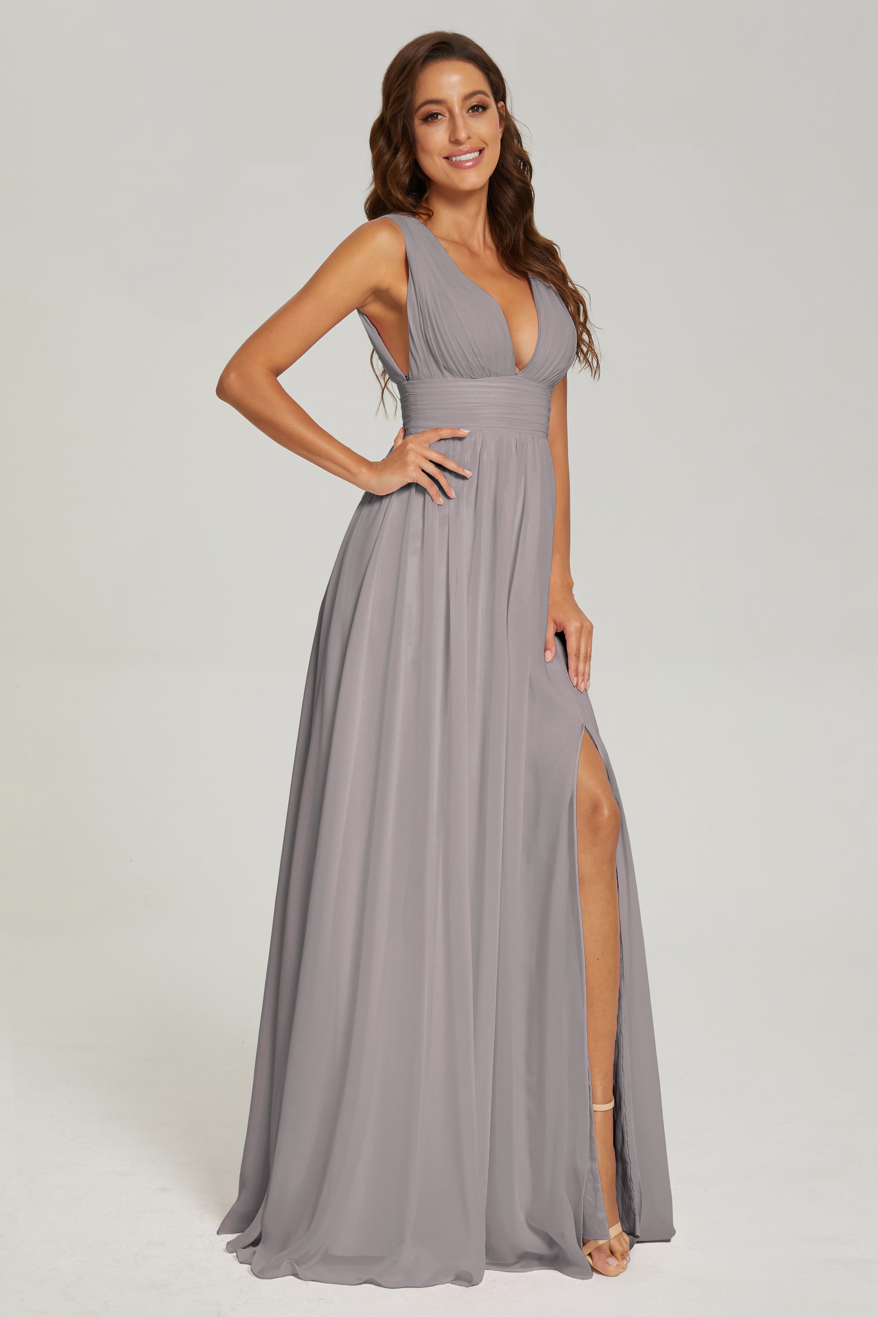 V-neck Split Chiffon Prom Dresses