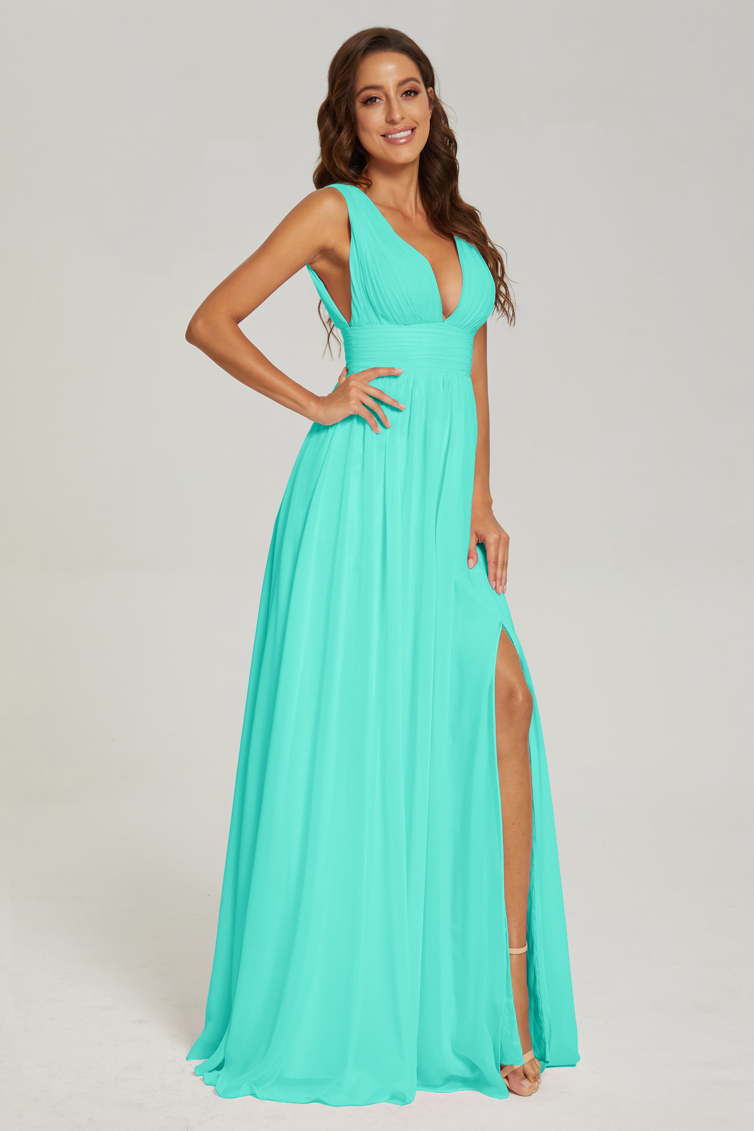 V-neck Split Chiffon Prom Dresses