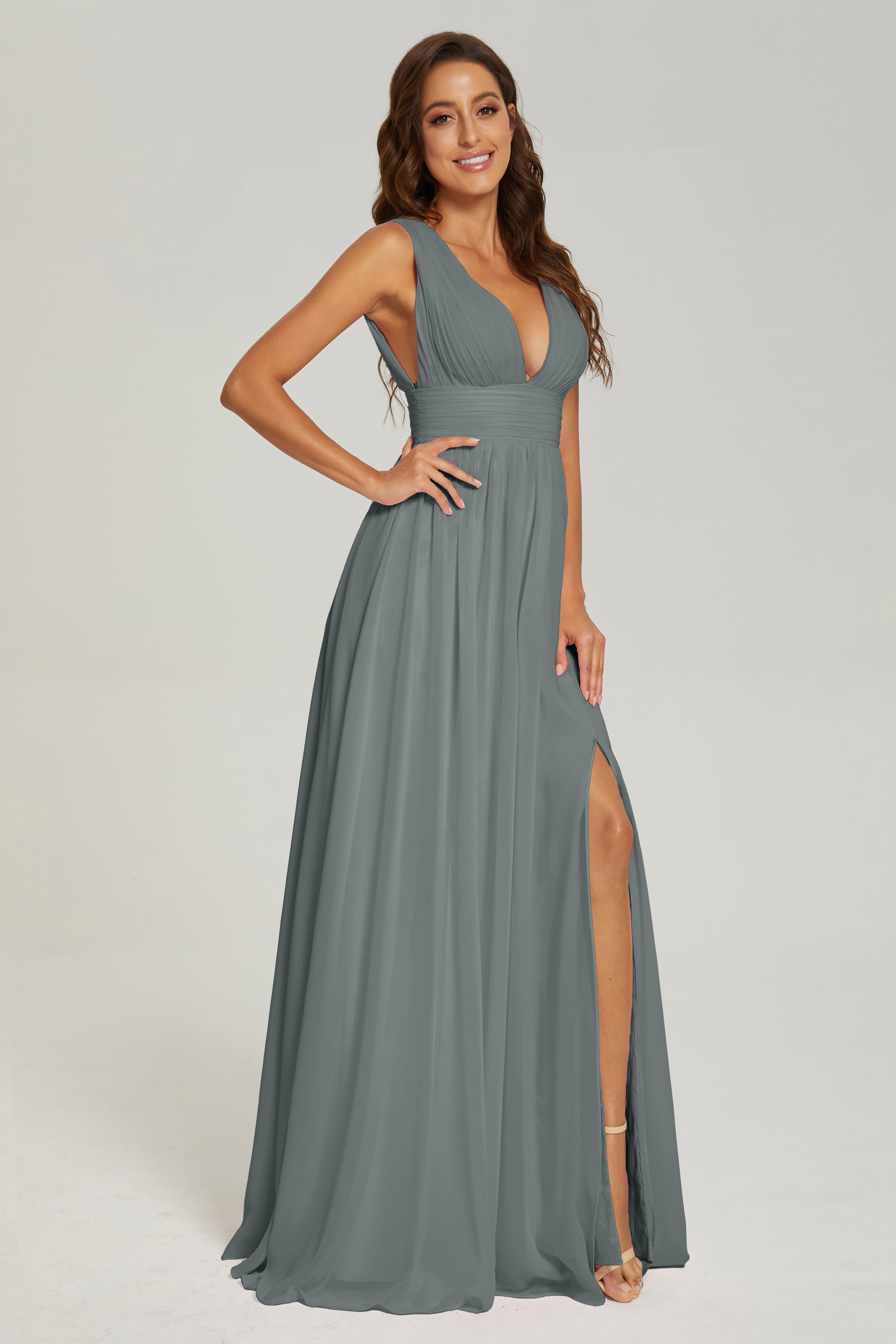 V-neck Split Chiffon Prom Dresses