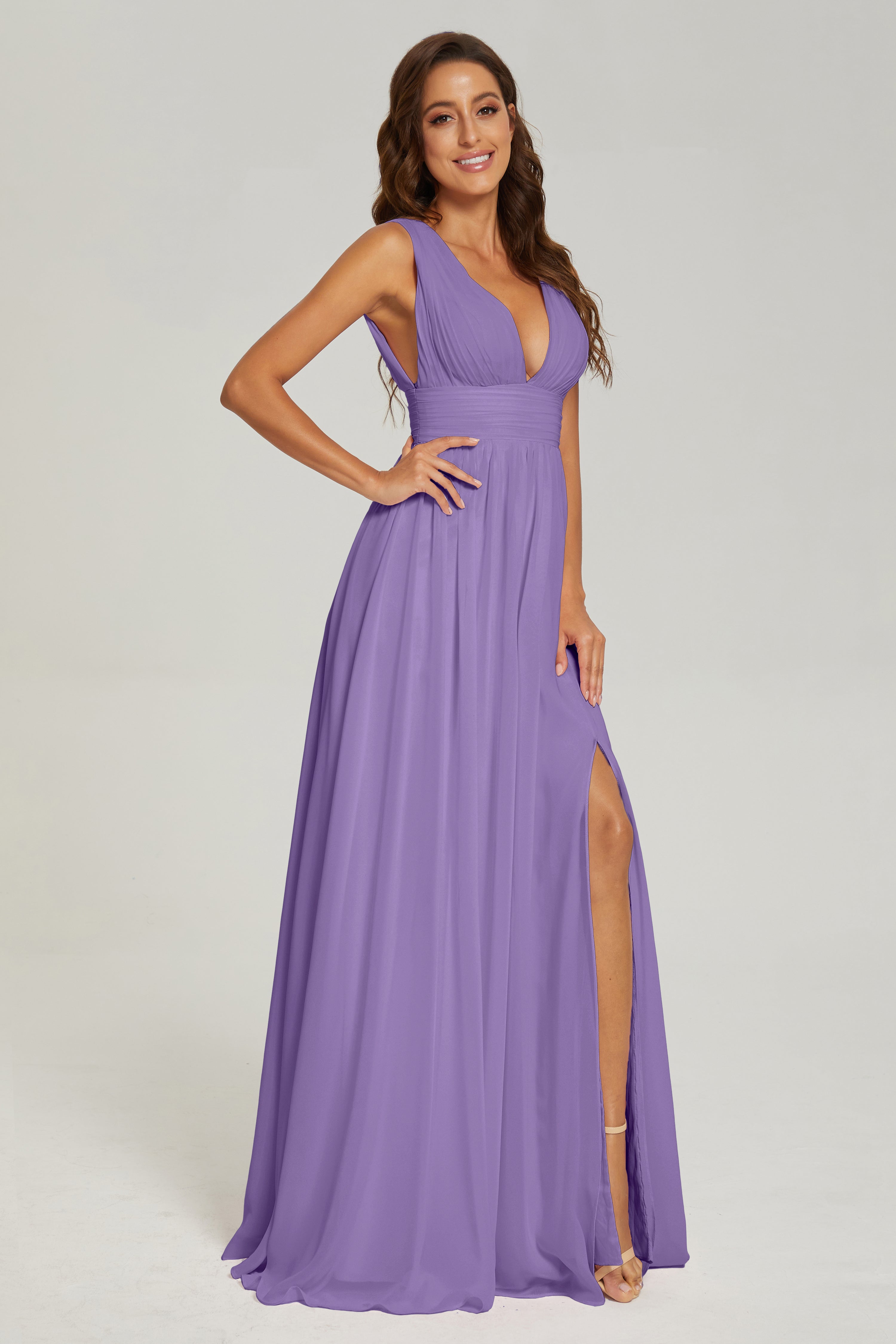 V-neck Split Chiffon Prom Dresses