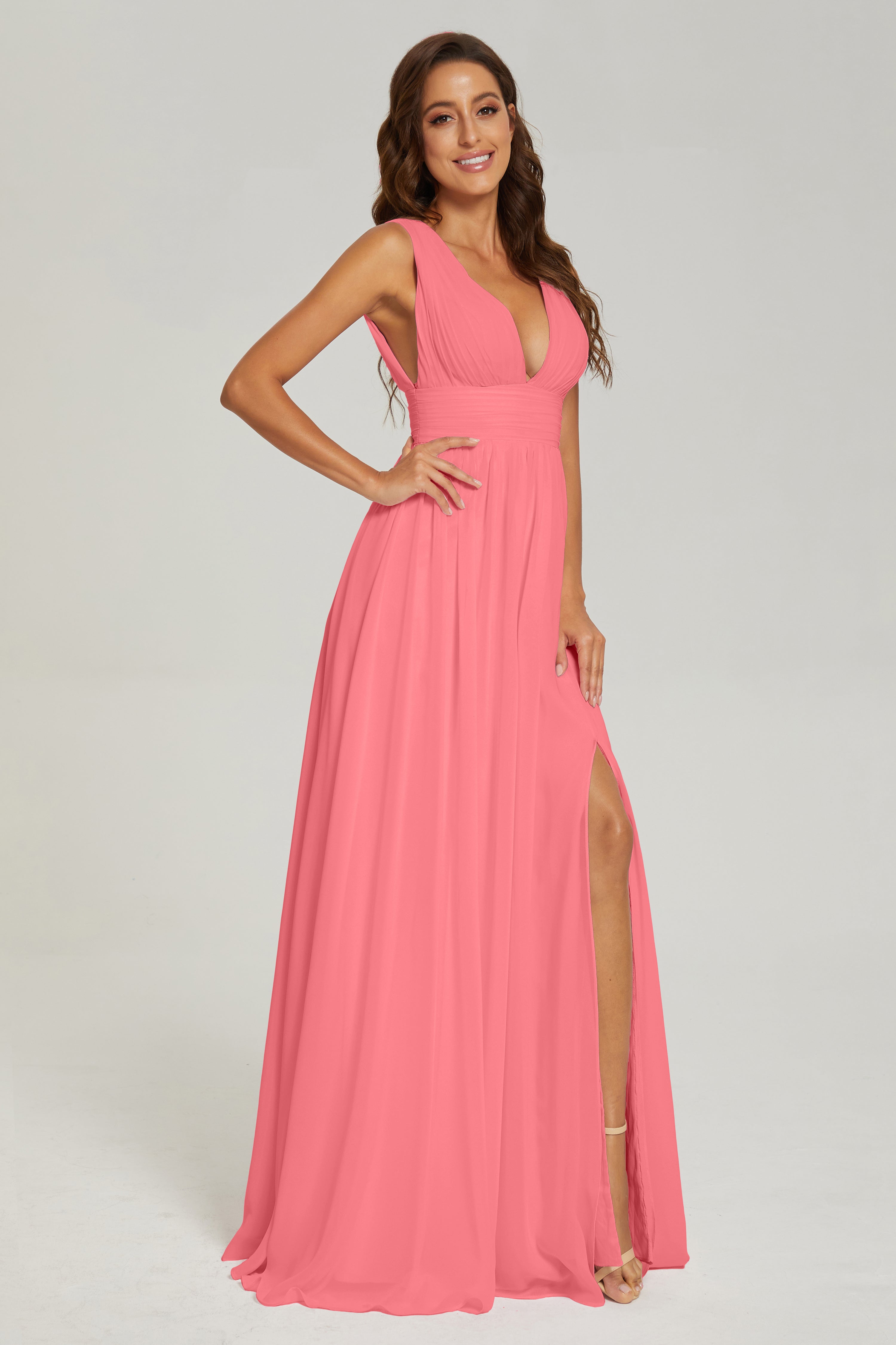 V-neck Split Chiffon Prom Dresses